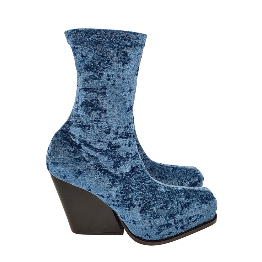Stella McCartney Blue Cowboy Crushed Velvet Platform Wedge Sock Boots sz 38.5